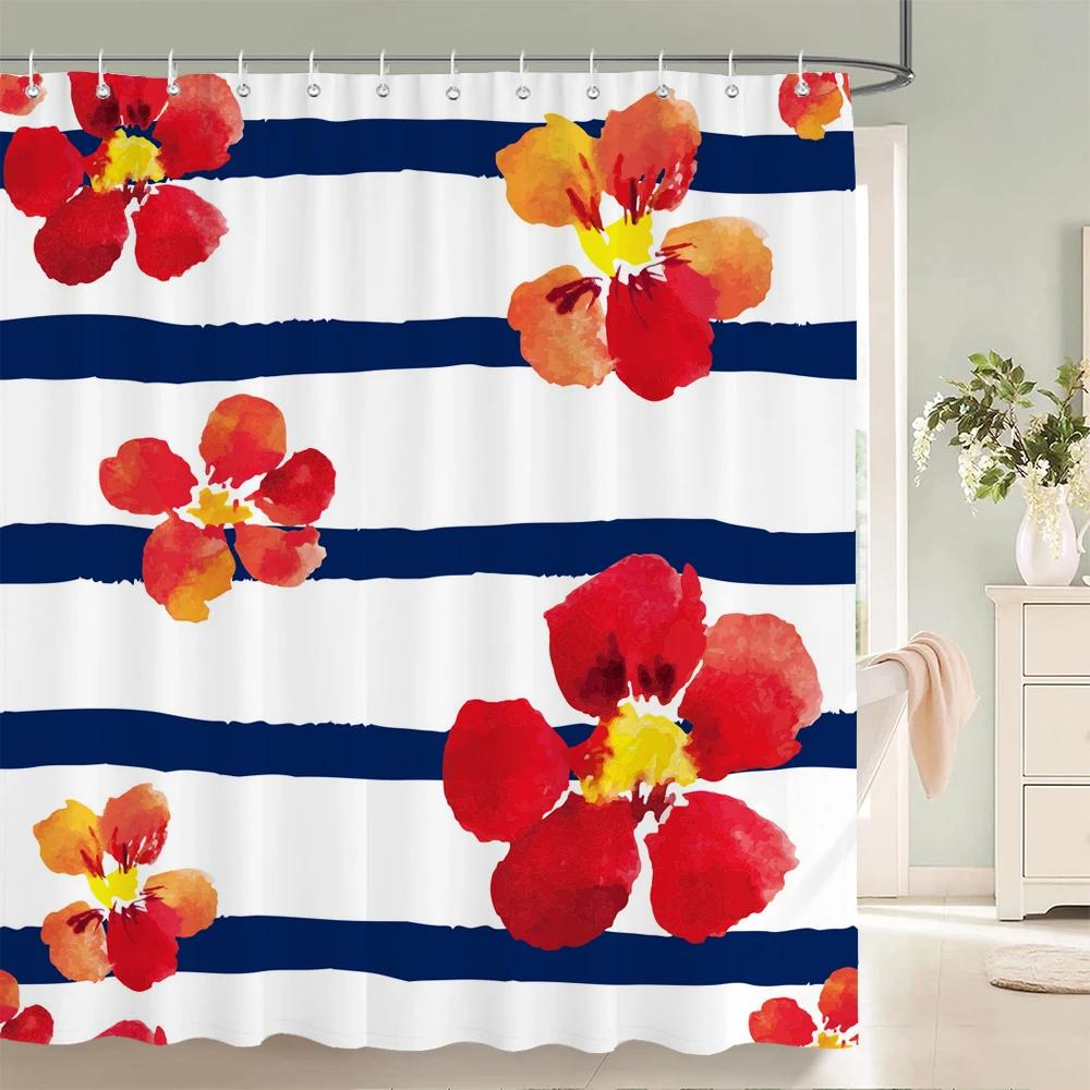 Red Flowers Shower Curtains Waterproof Fabric Floral Bath Curtains For Bathroom Bathtub Large Wide Bathing Cover With Hooks