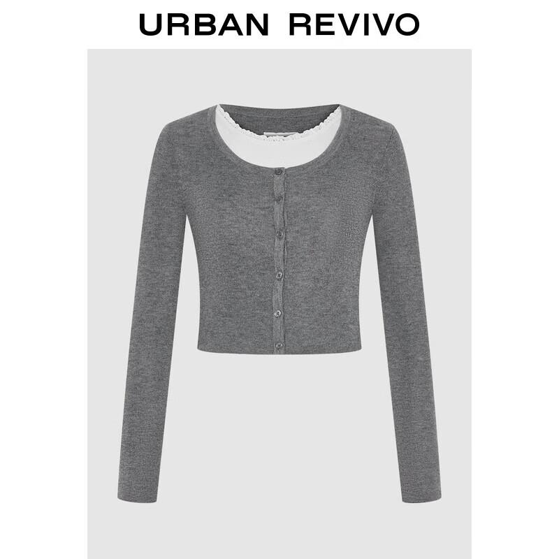 

UR Women s Grey Faux Two-piece Lace Patchwork Knitted Cardigan S