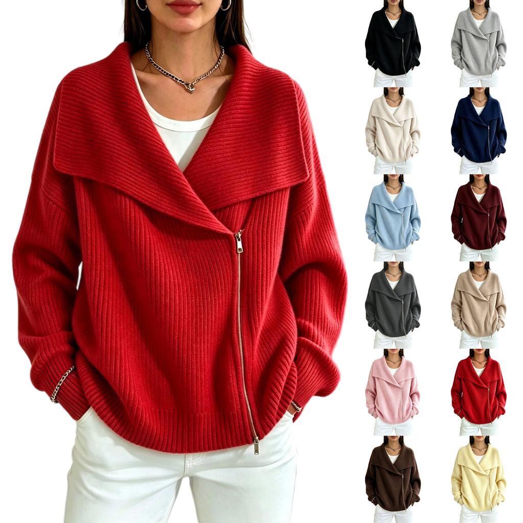 Women's Double Zipper Knit Cardigan Sweater with Lapel Collar for Casual Fashion