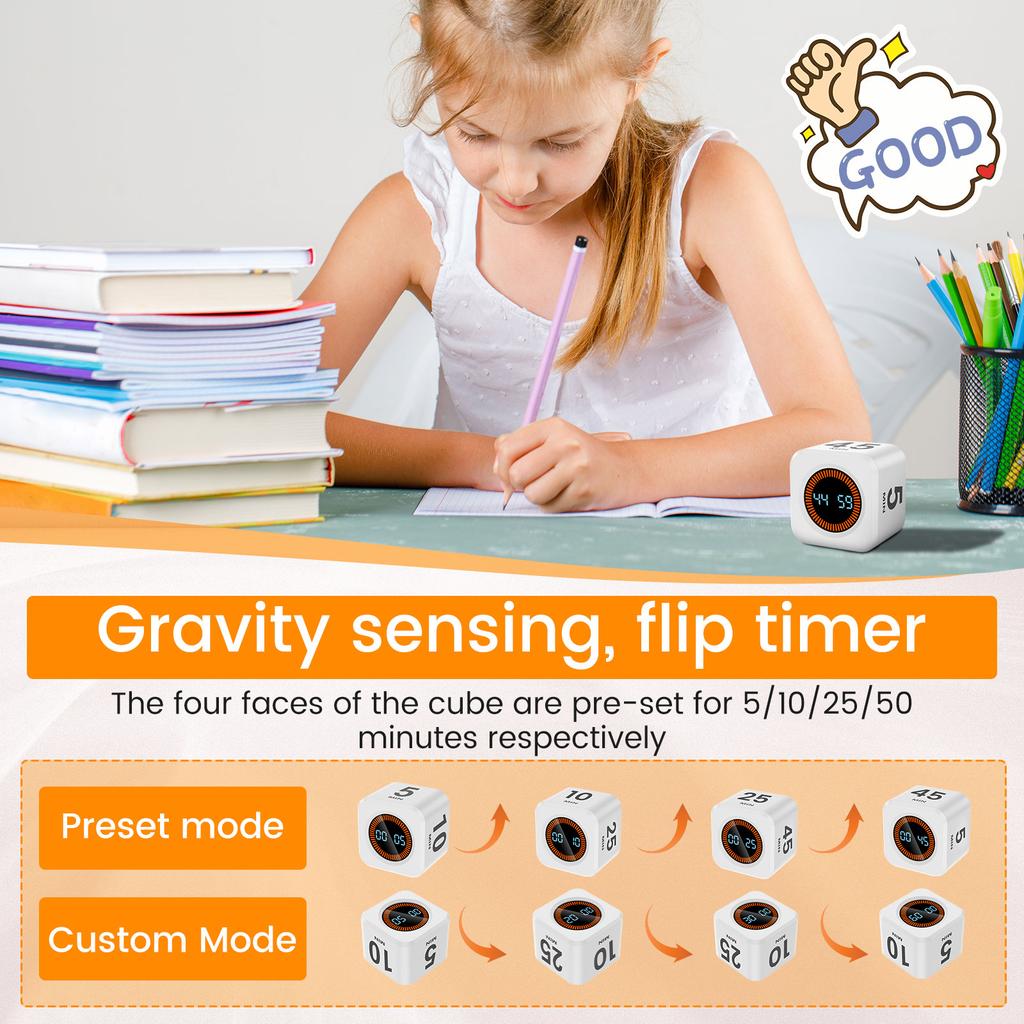 Productivity Timer Gravity Sensor LED Display Cube Timer Kitchen Countdown Timers USB Charging Alarm Timers for Cooking Study