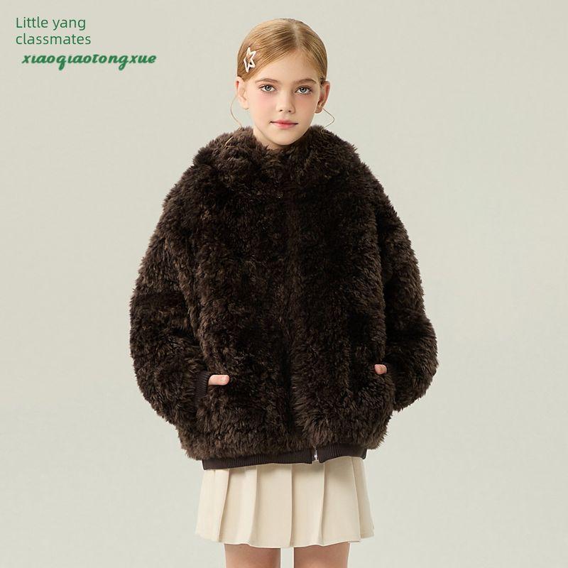 Children's Fur Coat Autumn and Winter New Style Girls' Imitation Lamb Wool Bear Cardigan Little Girl's Furry Coat Cute