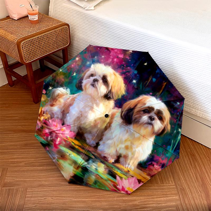 Shih Tzu and Flowers Pattern, Automatic Folding Umbrella, Portable and Foldable Design, 8 Ribs, a Christmas or Birthday Gift.