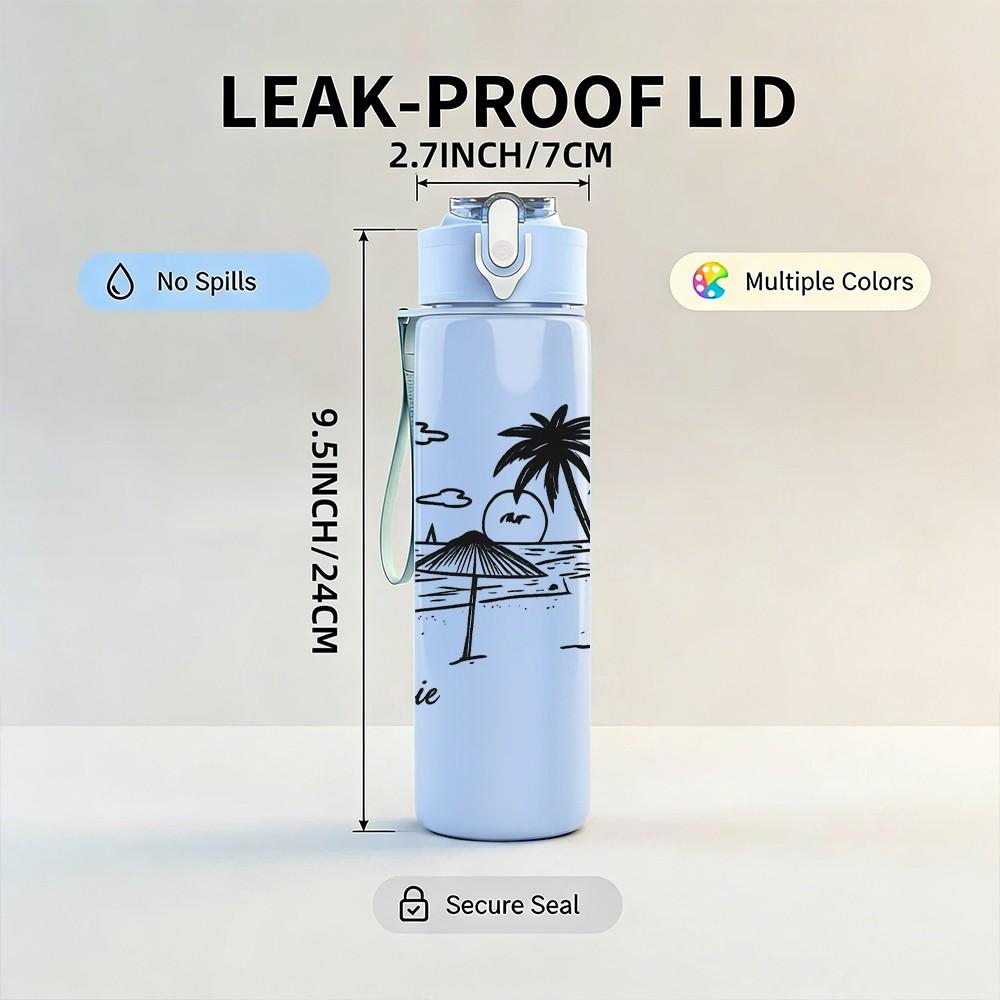 1PC Palm Tree Beach Sketch Art 750ml Color Plastic Sports Water Bottle Leakproof Flip Straw Lid Suitable for Sports Office Home Use