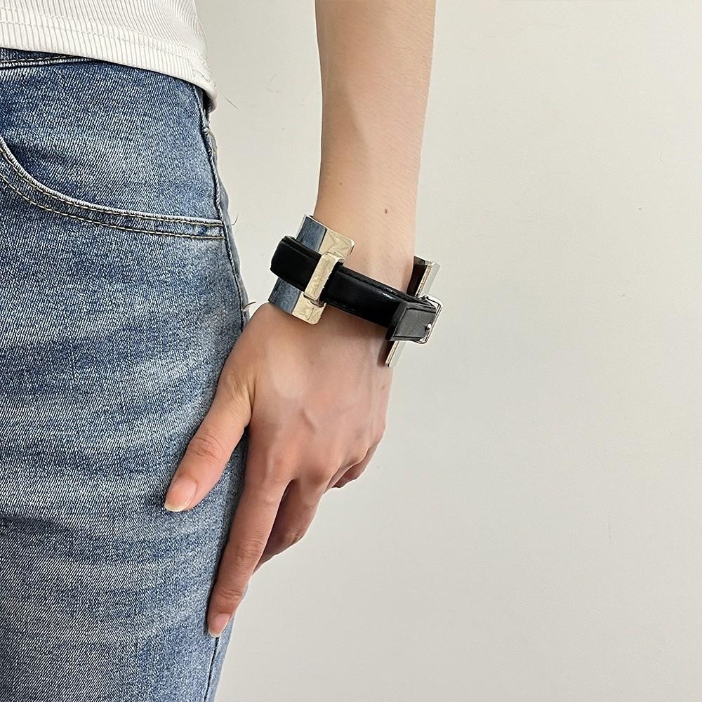 Silver Exaggerated Metal Bangle Armlet Women Open Bangle Belt Buckle Leather Bracelet  Daily