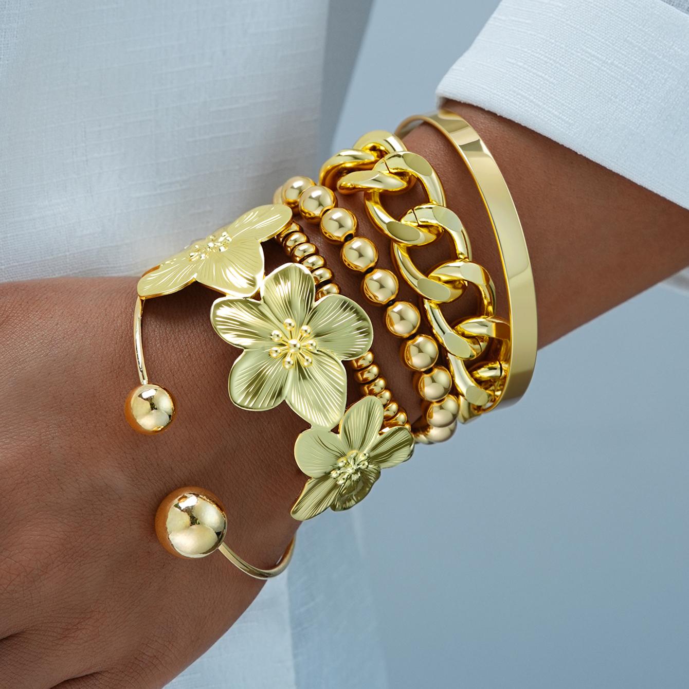 

6 Pcs Boho Vintage Flower Beads Bracelets for Women Fashion Exaggerated Big CCB Ball Elastic Charm Bangles HipHop Party Jewelry