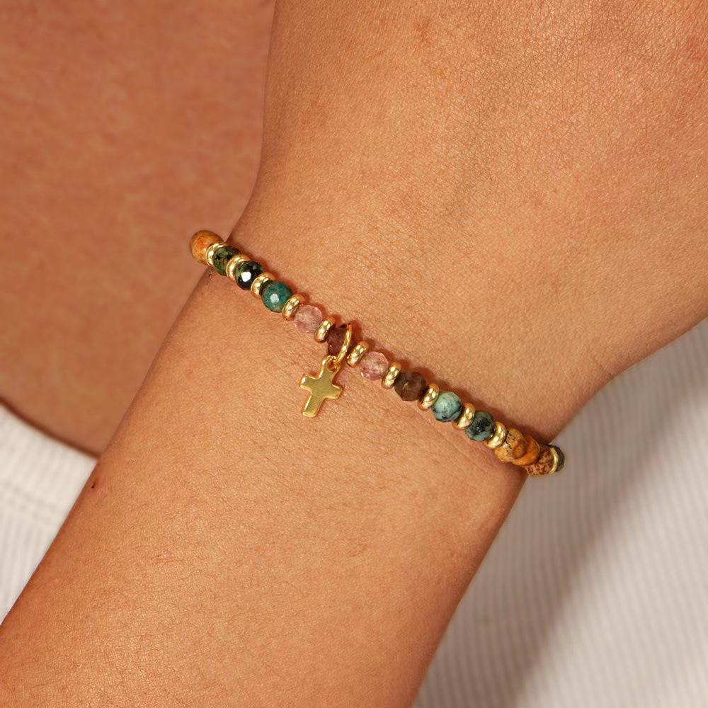 European Style Semi-Precious Stone Bracelet with Gold Bead Spacers and Cross Pendant