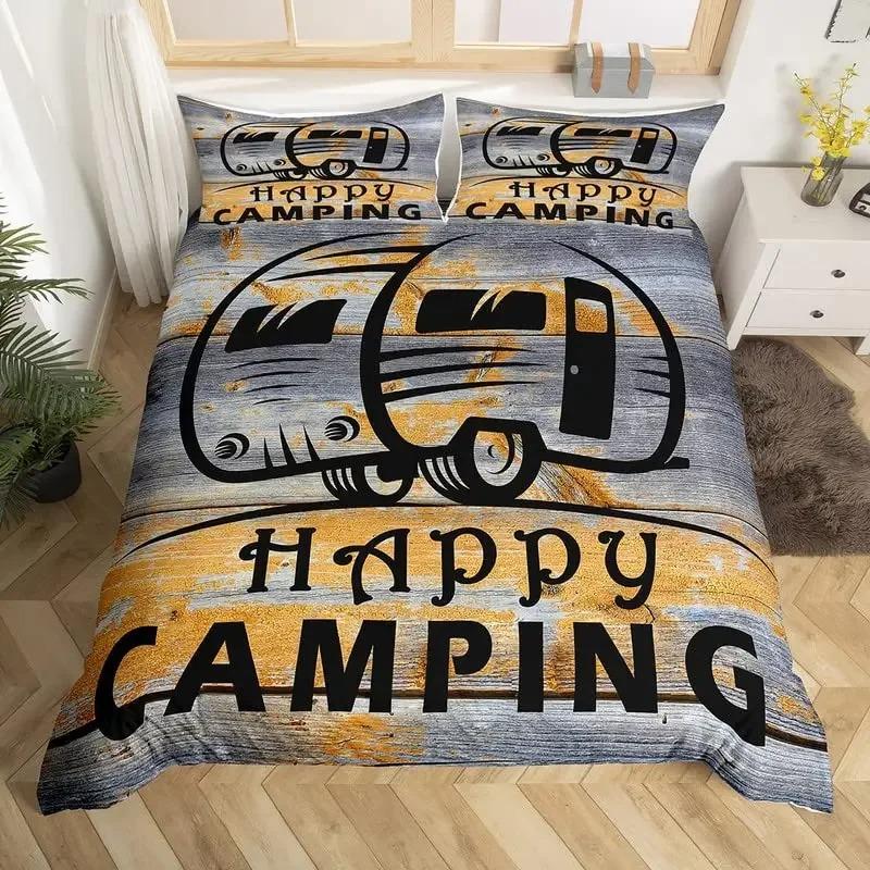 Happy Camping Bedding Set Camper Car Duvet Cover King Queen Microfiber Smoky Mountain Wood Print Quilt Cover Set For Girls Boys