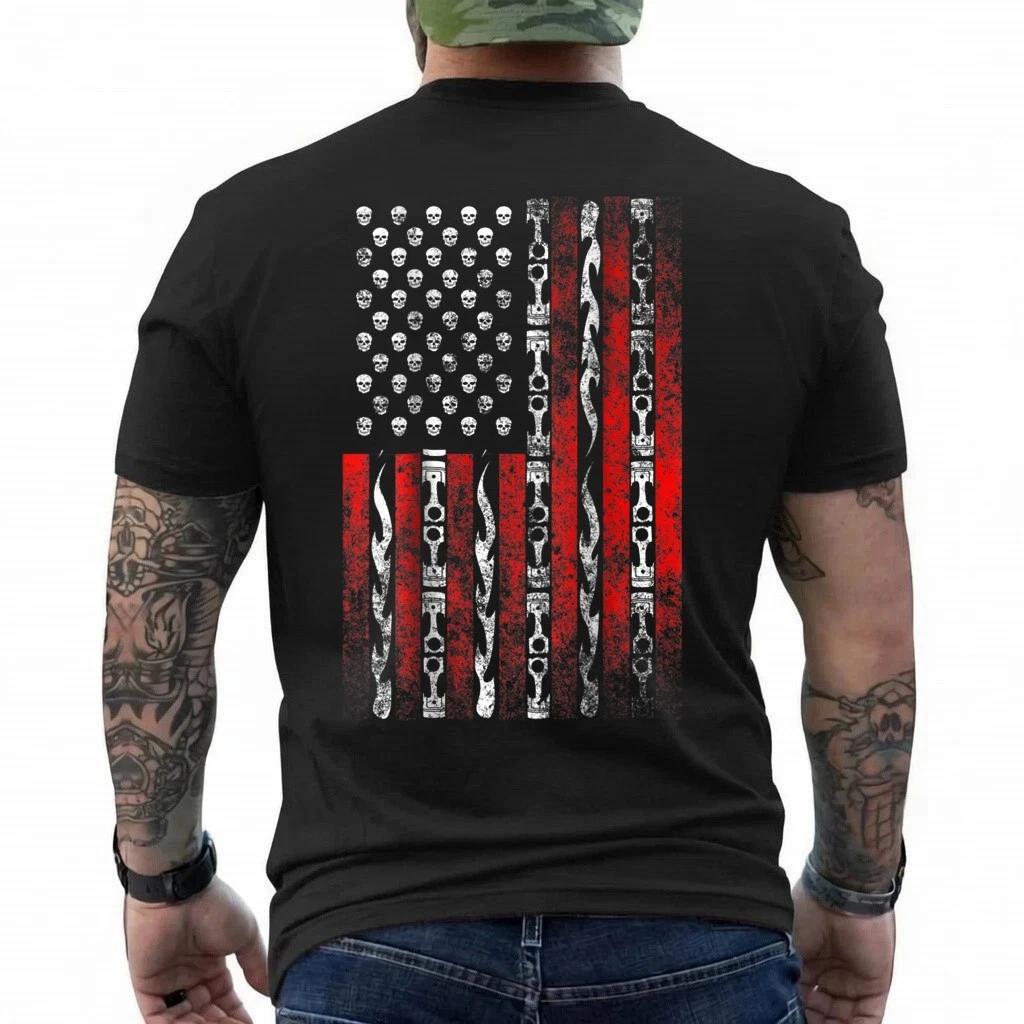 Patriotic Biker Back Print Shirt Skull Flame Motorcycle Tee S