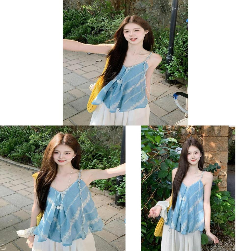 Summer Blue Floral Beaded Camisole With Loose Fit For Womens Vacation Wear