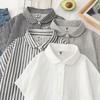Japanese Mori Girl Double Layer Cotton Blouse with Peter Pan Collar - Short Sleeve, Loose Fit, White Striped Shirt for Women