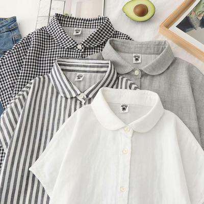 Blouse en Coton Double Couche Style Mori Girl Japonaise avec Col Peter Pan - Manches Courtes, Coupe Ample, Chemise à Rayures Blanches pour Femmes