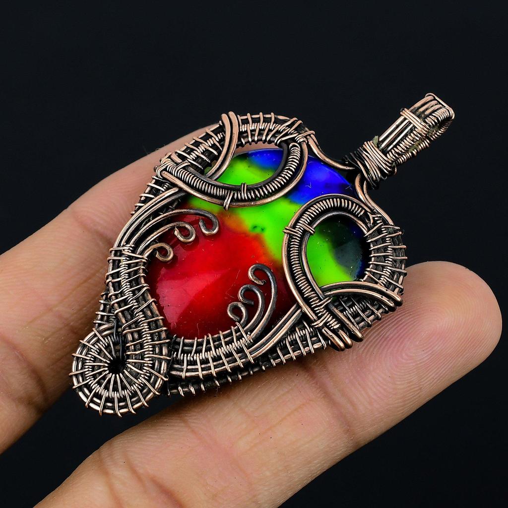 Ammolite Pendant Gemstone Handmade Jewelry,  999 Copper Wire Wrapped Pendant, Gift For Wife Jewelry