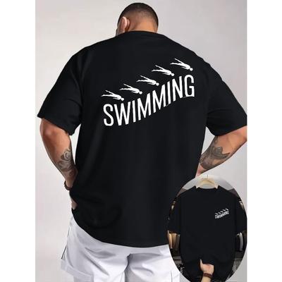 Letter Pattern Print Men'S T-Shirt, Swimming Sports Style, Comfortable And Versatile Top,Suitable for Daily Outdoor Party Gym Workout Running Clothing