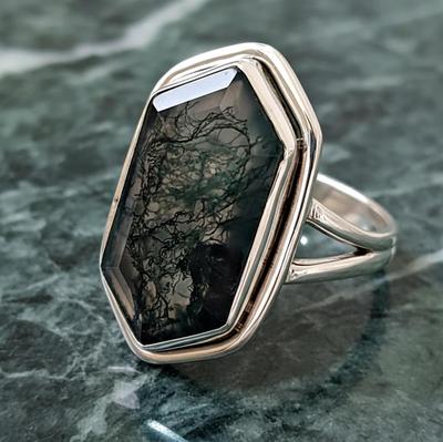 Moss Agate Ring Hexagon, 925 Solid Sterling Silver Ring, Handmade Jewelry For Women Statement Rings