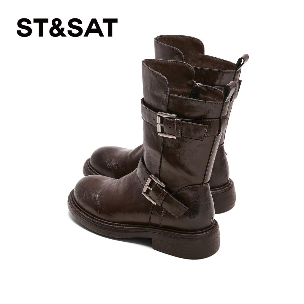 Saturday temperament Maillard boots children's 2025 autumn and winter new belt buckle round toe mid length boots European and American fashion boots
