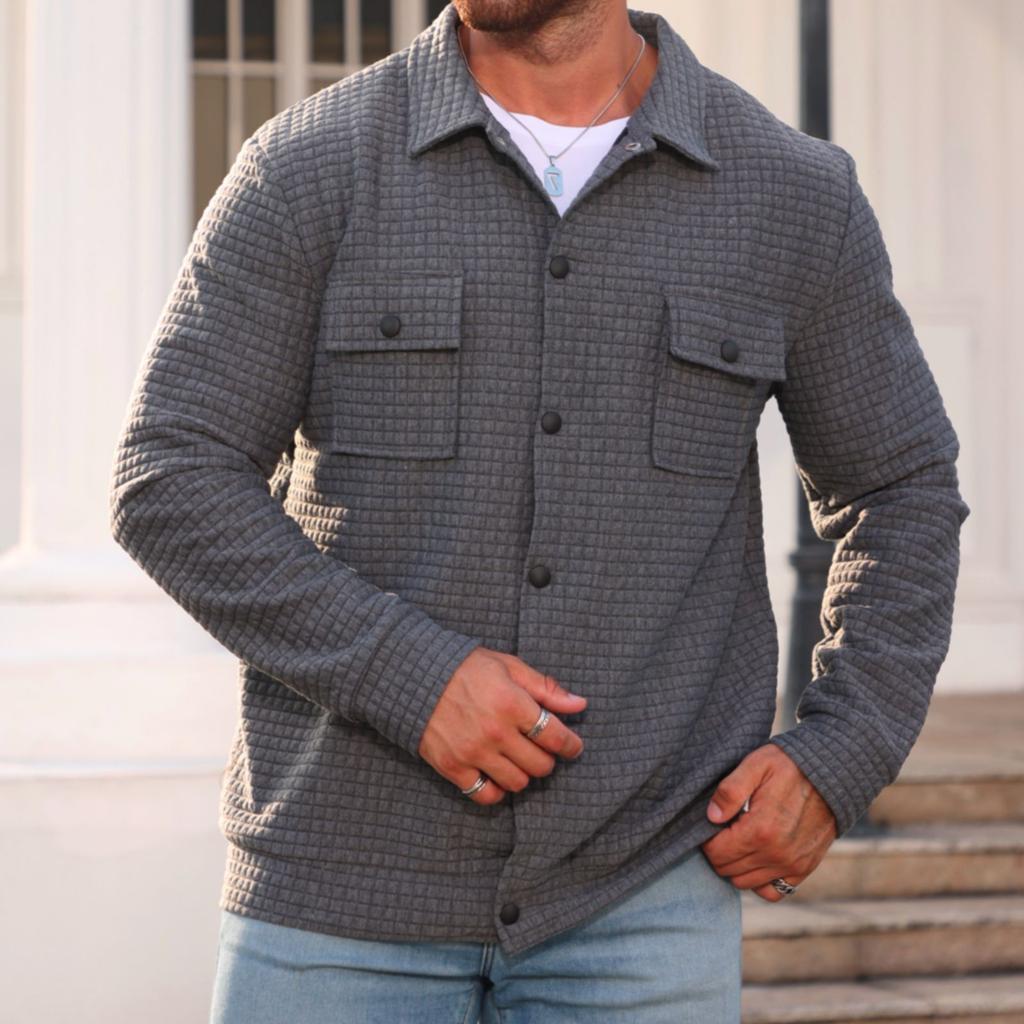 Men's Casual Double-Pocket Lapel Jacket Solid-Color Small Check Loose Long Sleeve Outerwear Shirt