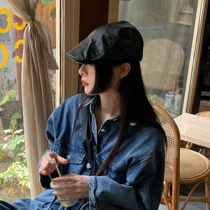 Leather Retro Hat Women's Autumn and Winter Beret Solid Color Cap Detective Hat Men's Hat