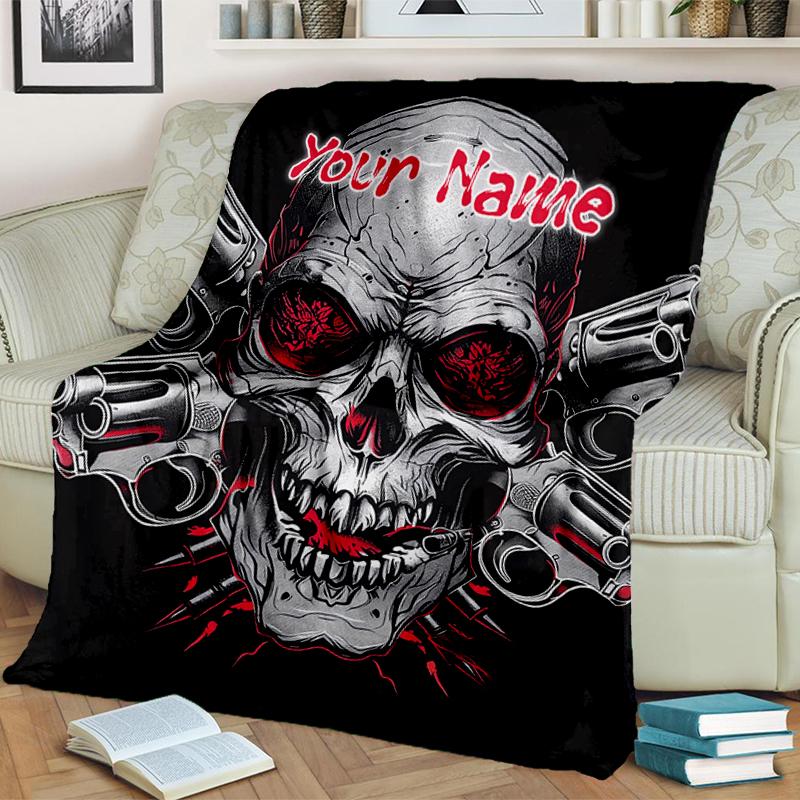 1PC Custom Name Skull Guns Artwork Flannel Blankets Patterns Throw Blanket All-Season Soft Gift for Couch, Bed, Camping Gifts