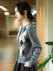 Cardigan da Donna in Cashmere Color Block Girocollo - Moda Autunno/Inverno Maglione Lavorato a Maglia a Scacchi a Rombo
