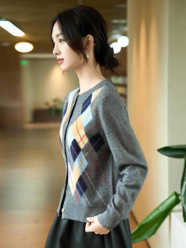 Cardigan da Donna in Cashmere Color Block Girocollo - Moda Autunno/Inverno Maglione Lavorato a Maglia a Scacchi a Rombo