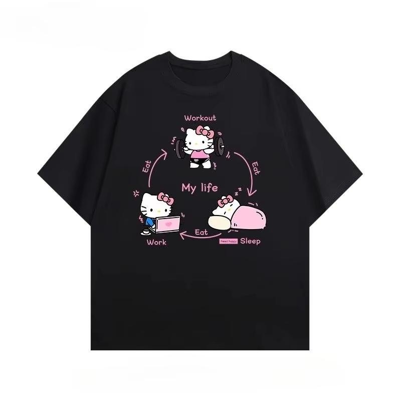 

2026 Summer New Pure Cotton Hello Kitty Dopamine Pure Cotton in Multiple Colors Men Women Popular Y2k Short Sleeves Classic 4XL