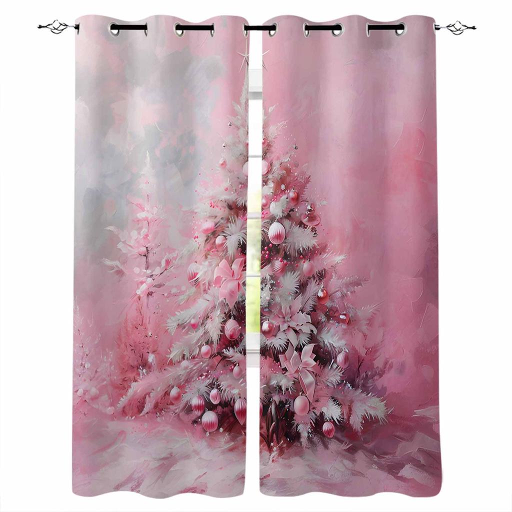 Christmas Pink Oil Painting Christmas Tree Retro Blackout Curtains For Living Room Bedroom Window Treatment Blinds Drapes