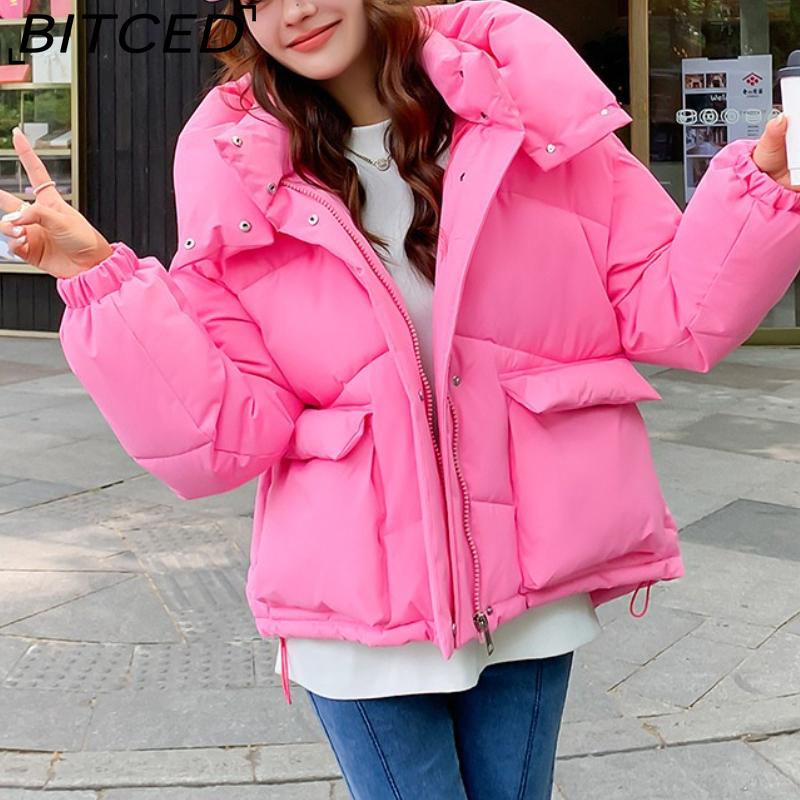 BITCED Women's Loose-Fit Puffer Jacket with Hood - Short-Length Thickened Winter Coat