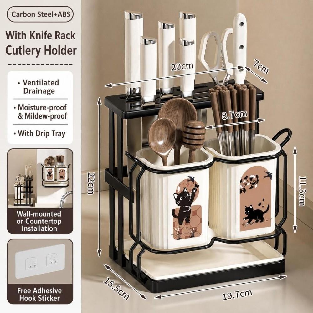 Carbon Steel Kitchen Utensil Holder Detachable Cute Cat Pattern Cutlery Organizer Standing No-drill Utensil Stand