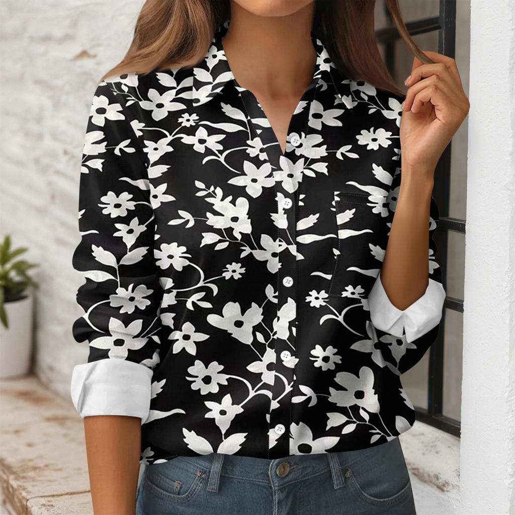 Women's Button Down Prints Shirt Long Sleeve Shirt Business Work Tops Casual With Pockets Jacket