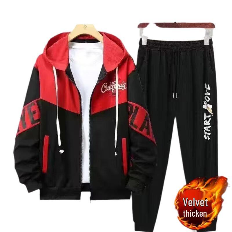 Men's Trendy Hooded Fleece Sweatshirt & Casual Baseball Uniform Two-Piece Set for Autumn/Winter Teens