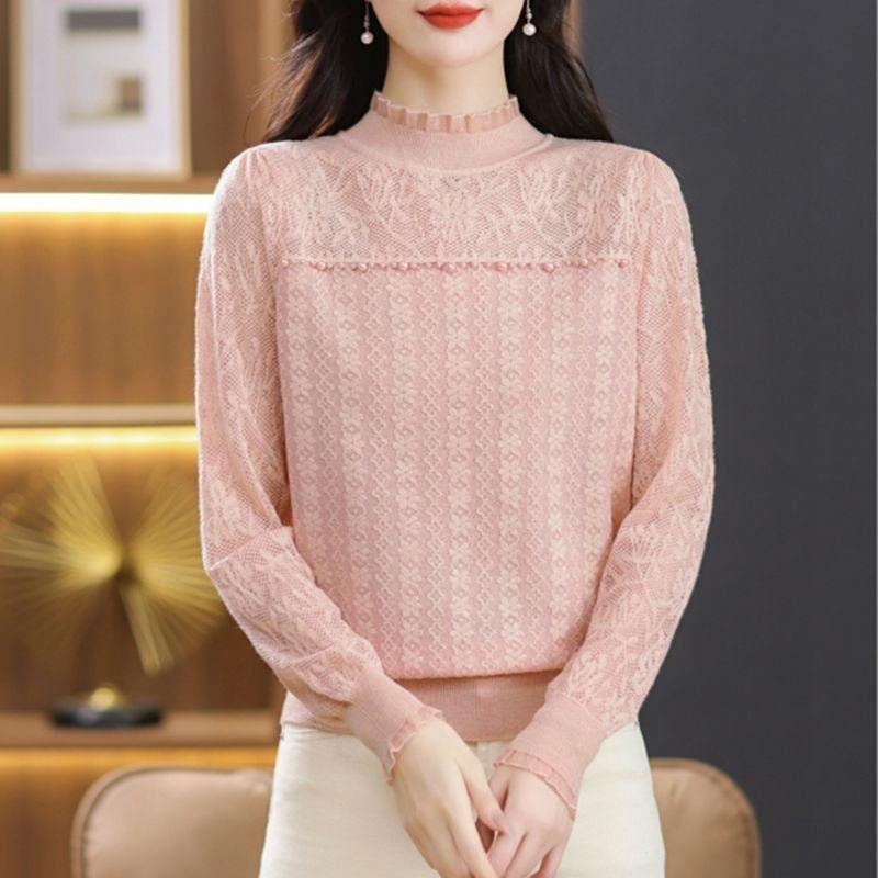 Women's Elegant Plus Size Lace Knit Top - Autumn/Winter 2025 Fashion