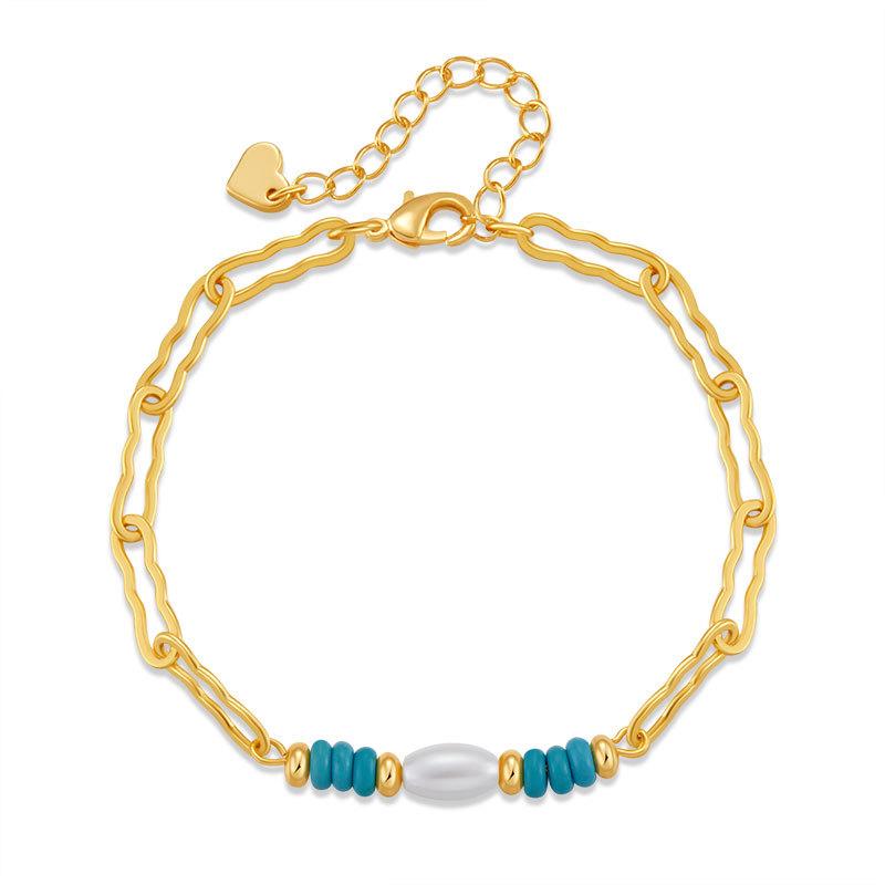 Elegant Niche 18k Gold Plated Copper Pearl Turquoise Bead Bracelet For Women
