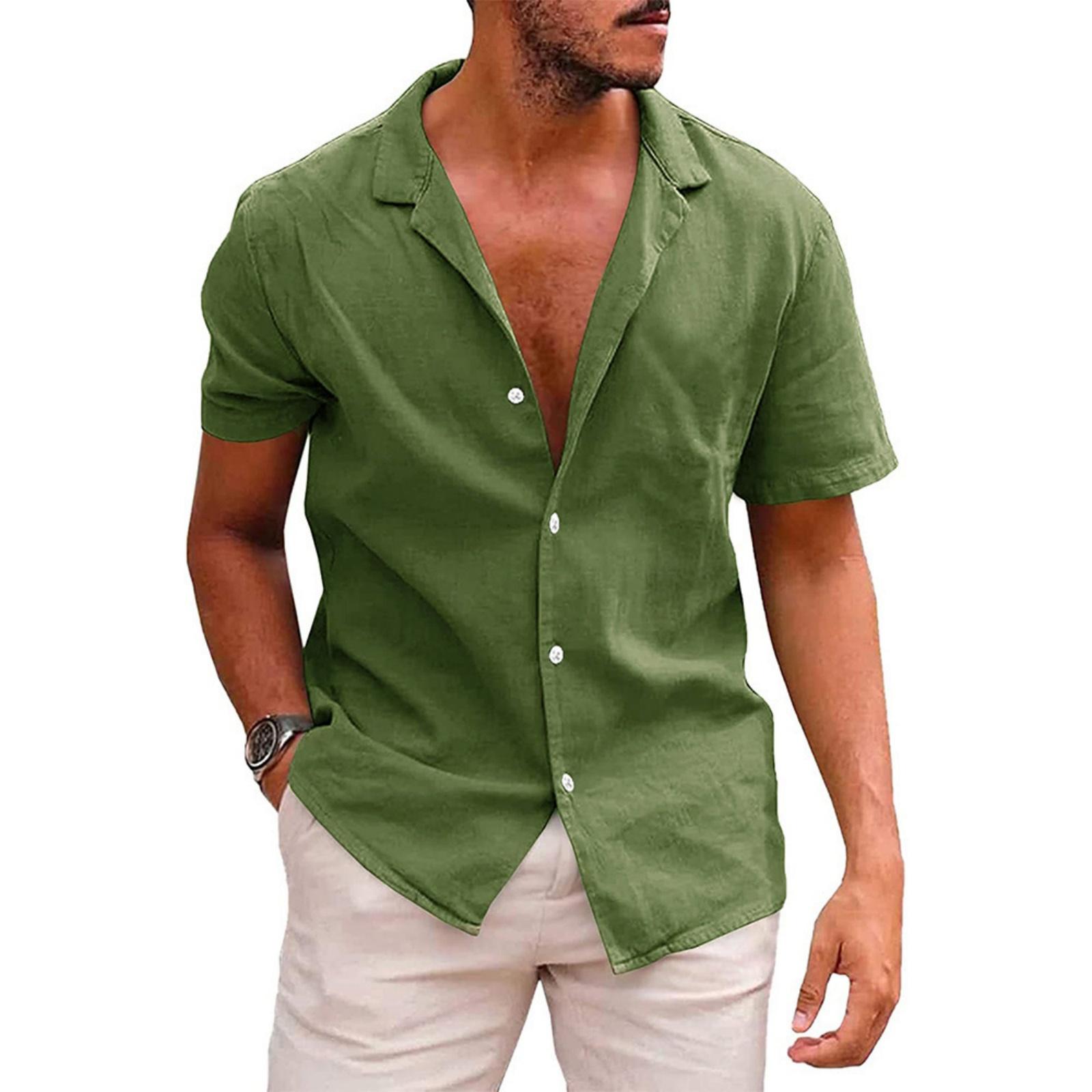 Men s Casual Collar Relaxed Short-sleeved Shirt - Men s Plain Cotton And Linen Breathable Shirt L армия зеленый