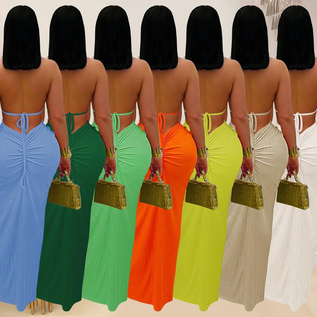 C7407 European & American Fashion: Sexy Knit Halter Backless Dress for Women