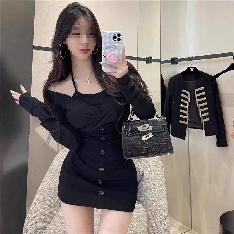 Fake two Spice Girls one-word shoulder suspender dress women's spring and autumn new tight and thin sexy hip skirt