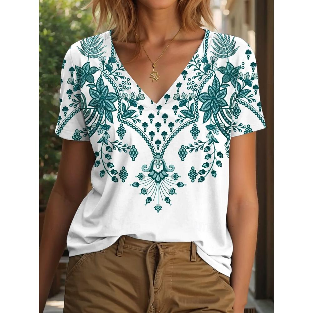 2026 Ethnic Women's T-Shirt Vintage Graphics Fashion Short Sleeved V-Neck Regular Tops Daily Print Tee Summer Casual Tops