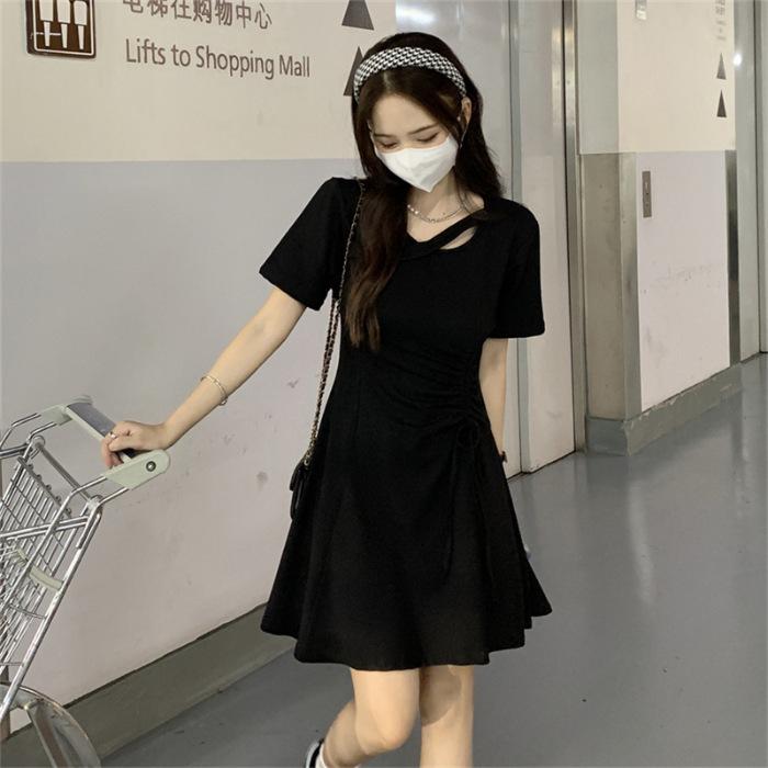Hepburn style black dress women's summer new small drawstring slim temperament slim short skirt