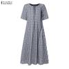 ZANZEA Women Plaid Print Casual Round Neck Short Sleeve Dress