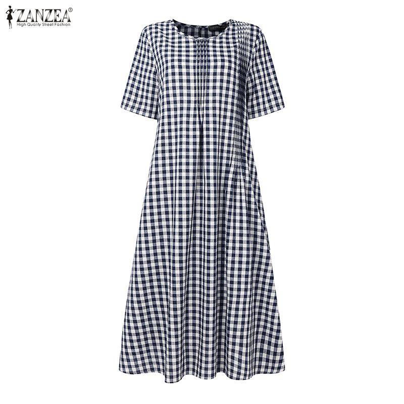 ZANZEA Women Plaid Print Casual Round Neck Short Sleeve Dress