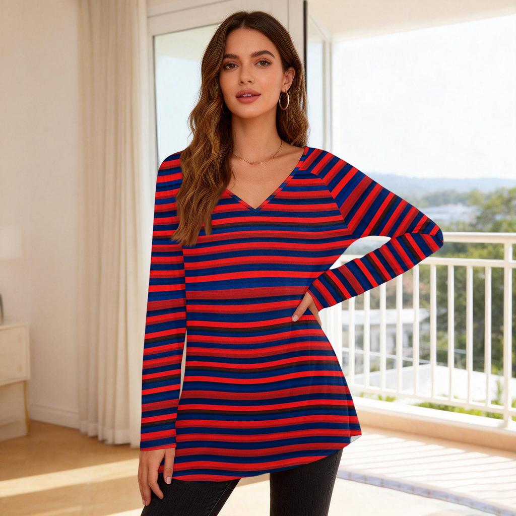 Women's Fashionable Casual Long-Sleeved Striped Print V-Neck Mid-Length Top