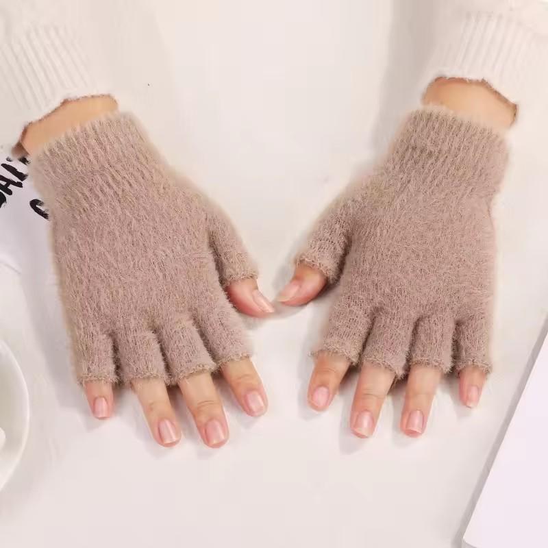Fuzzy Gloves Women Winter Soft Warm Fashion Writing Gloves Office Typing Student Solid-Color Ladies Half-Finger Glove