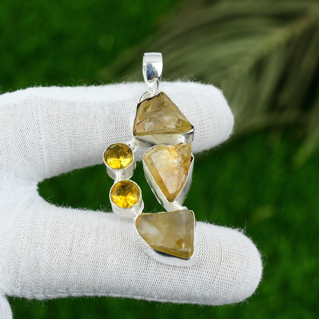 Gift For Her 925 Sterling Silver Natural Citrine Rough Gemstone Jewelry Pendant