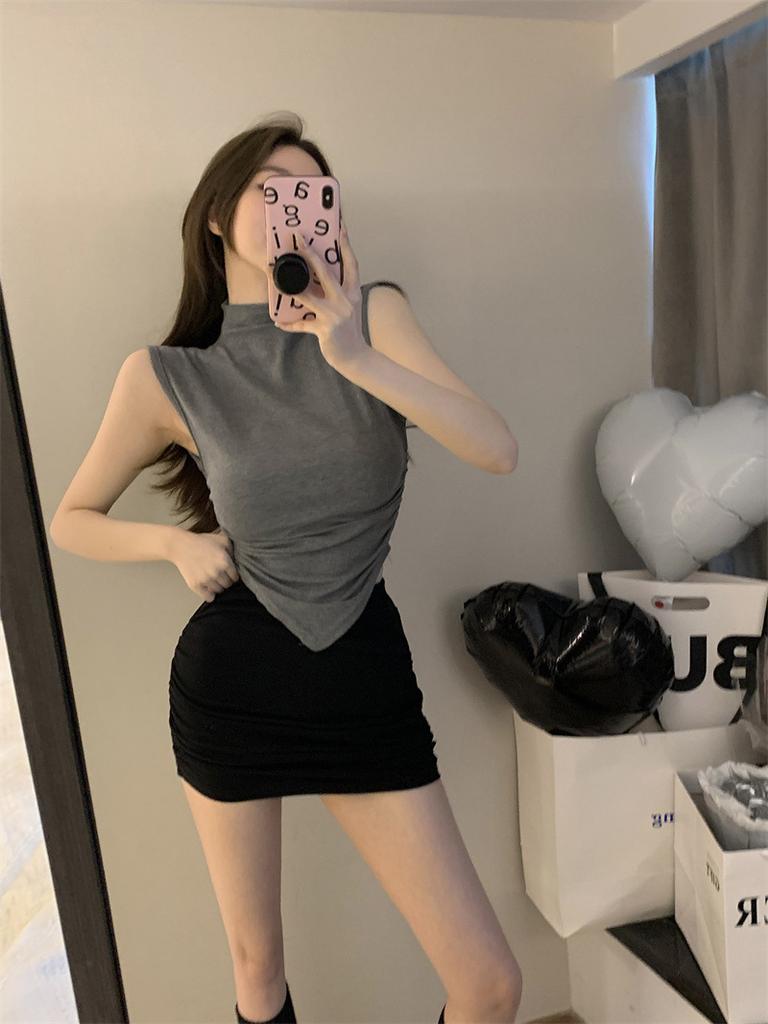 (Modal cotton) semi-turtleneck T-shirt new niche irregular slim-fit sleeveless vest top