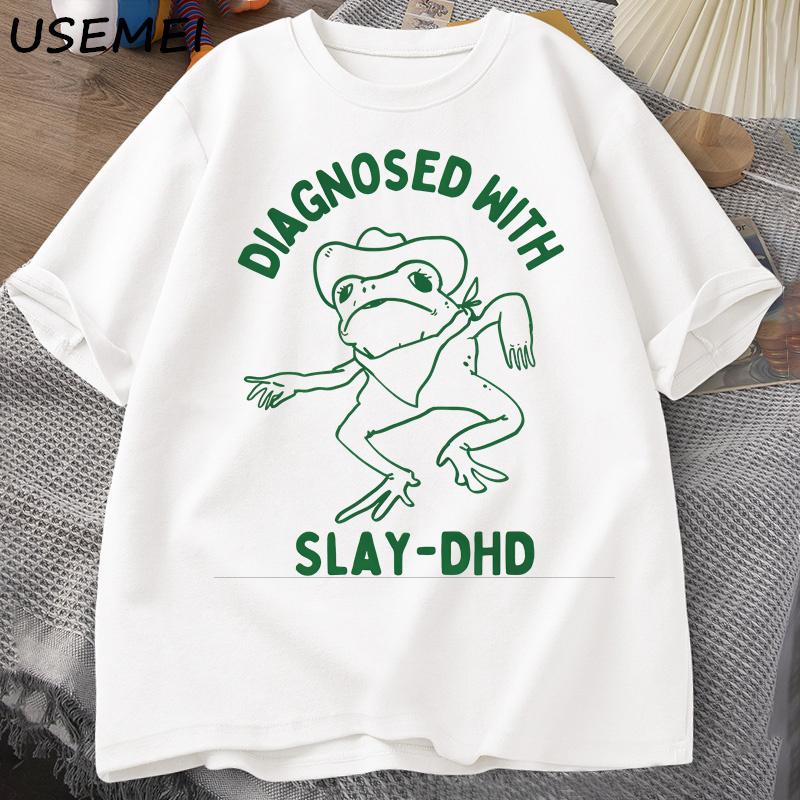 Diagnosed with Slay-dhd Men Cotton T-shirts Funny Travel Clothing Summer Frog Graphic Unisex Short Sleeve Tees XL