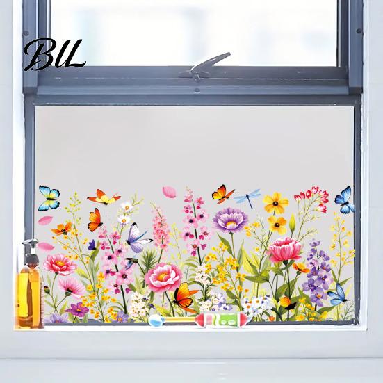 Bathroom Window Decal Spring Summer Flower Butterfly Cling Colorful Floral Sticker Scratch-resistant Removable Double-Sided Static Decals for