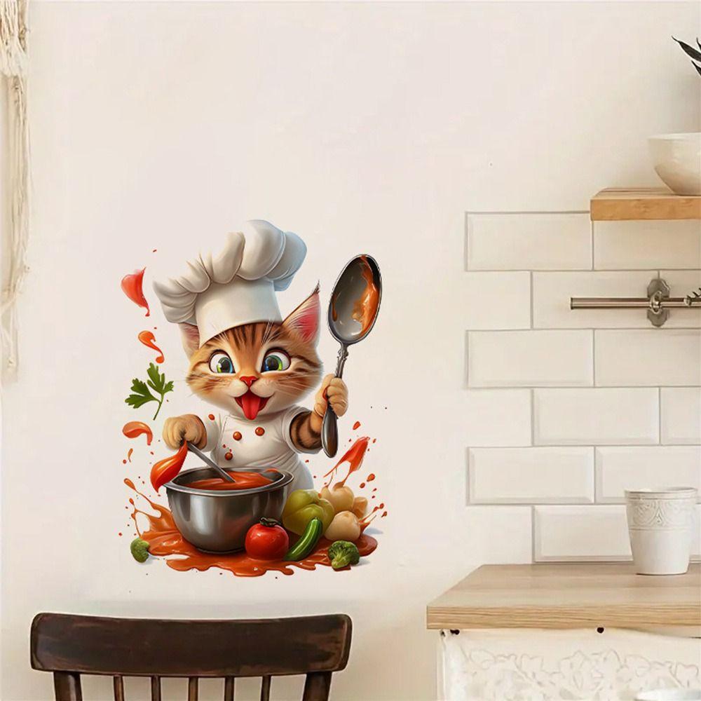 Gatto Cartone Animato Riciclabile Mouse Gatto Chef Gatto Cucina Adesivo Impermeabile Autoadesivo Decorativo PVC Adesivo Murale Sala da Pranzo