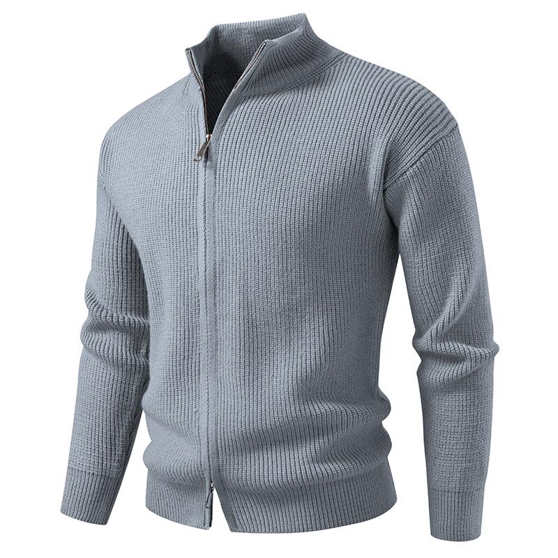 Men's Solid-Color Winter High-Neck Double-Zip Cardigan Sweater Jacket