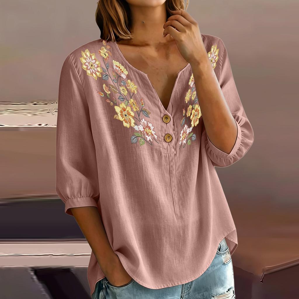 Women Floral Pattern Henley Neck Button Front Three Quarter Sleeve Linen Cotton Blend Shirt Casual Loose Fit Blouse