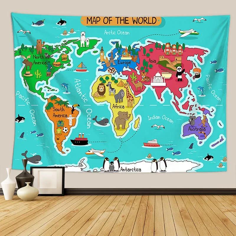 Nordic Style Animal World Map Tapestry Wall Hanging Children's Room Living Room Decor Beach Towel Thin Blanket Yoga Shawl Mat