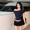 Slightly-sloped Shoulder Short-sleeved Fitted T-shirt for Women, Summer Tight Short Style, Unique and Exquisite, Stunning Off-shoulder Top